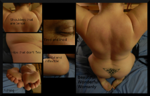 Collage of parts of a womans body with portrait of her back and shoulders as the main image