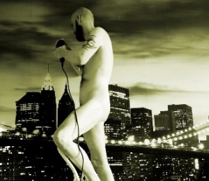 Nude man drilling hole in the city sky line