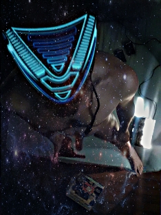 Space aged nude self portrait of man wearing gaming headset
