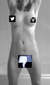 naked woman with breasts and genitals covered by social media icons