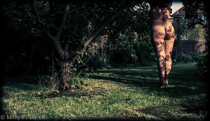 Nude woman reaching up into a tree with shadows leaving patterns on her back