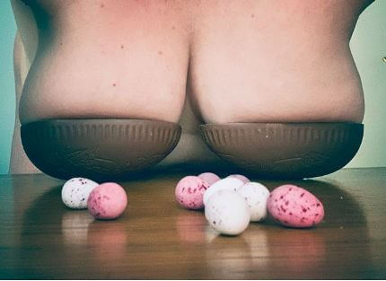 woman with boobs in chocolate egg halves
