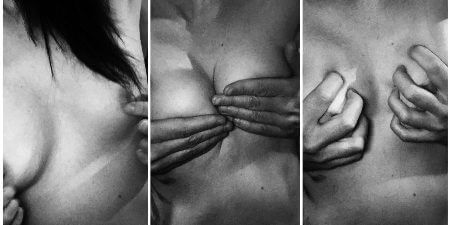 Triptych of topless woman with hands over her breasts