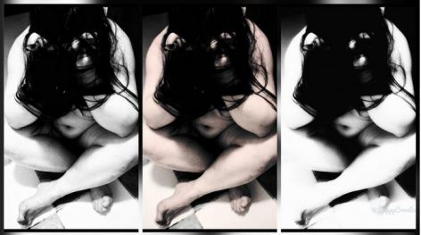 triptych of woman naked huddled on the floor