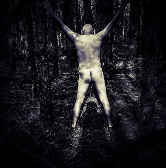 man naked in the woods tied between trees with spooky shadow between his legs