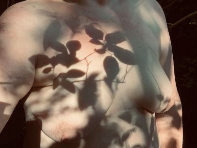 shadow leaves against topless womans skin