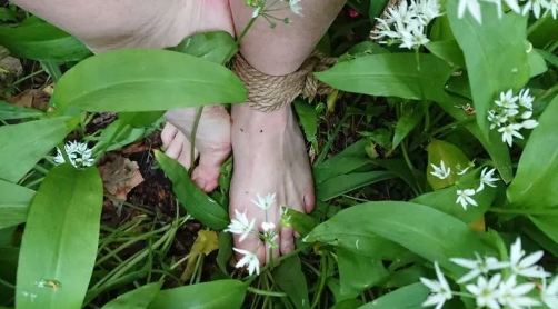 bare feet with rope around ankle in wild flowers