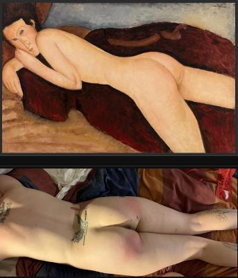 Modigliani nude with nude photo of woman copying it