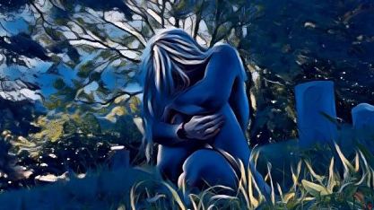 posterised image of naked woman curled up in graveyard