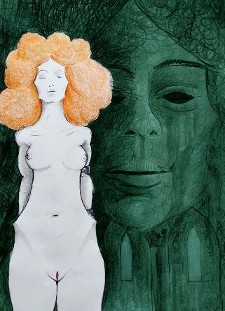 Drawing of nude woman with big orange hair with haunting green face in the background behind her