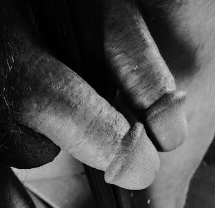Black and white picture of a semi erect penis reflecting in a mirror so it looks like it two penis are touching