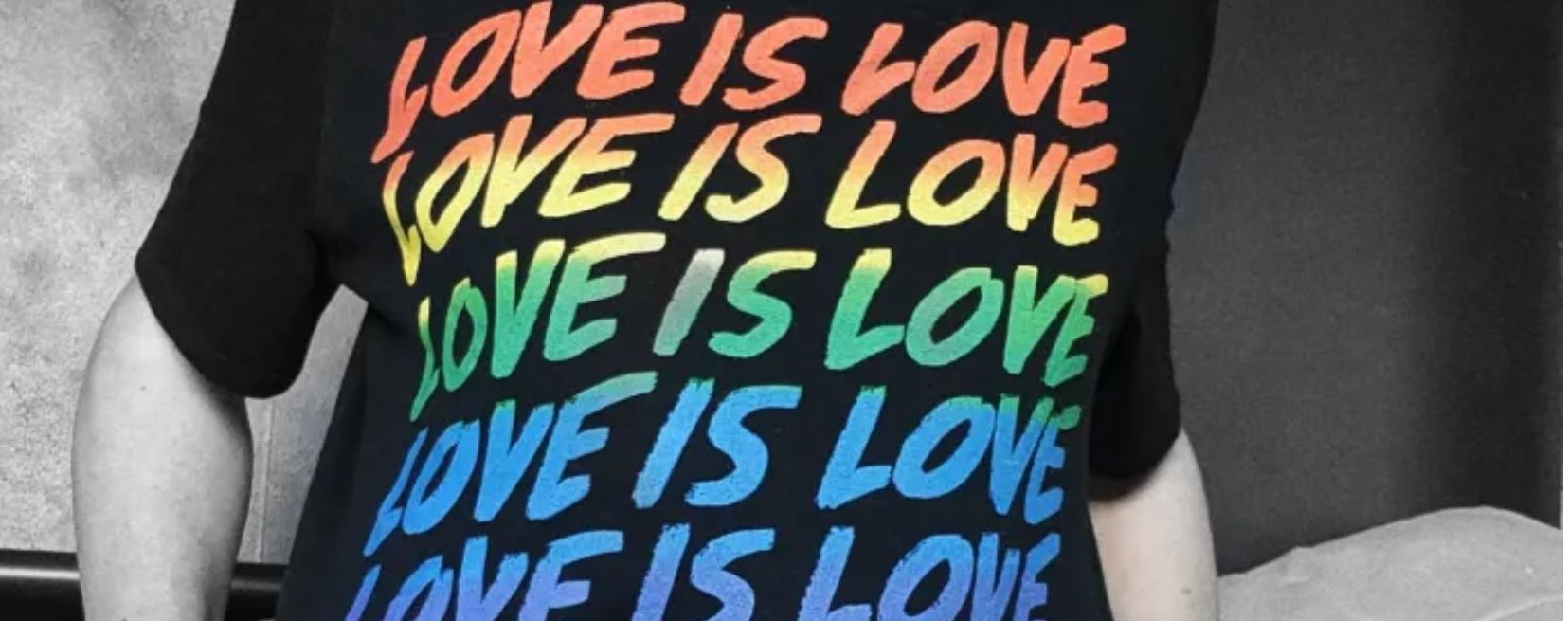 T shirt with love is love in pride colours