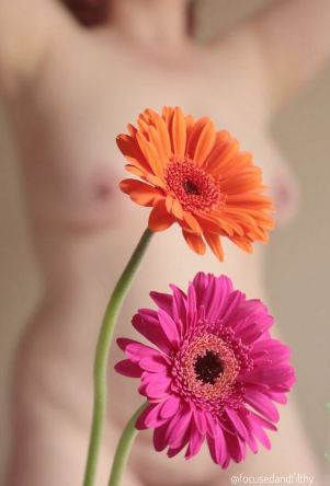 Purple and pink flowers in the foreground in the back ground in soft focus is Missy standing naked. We can just see the rose colour of her nipples for weekly round-uo 695