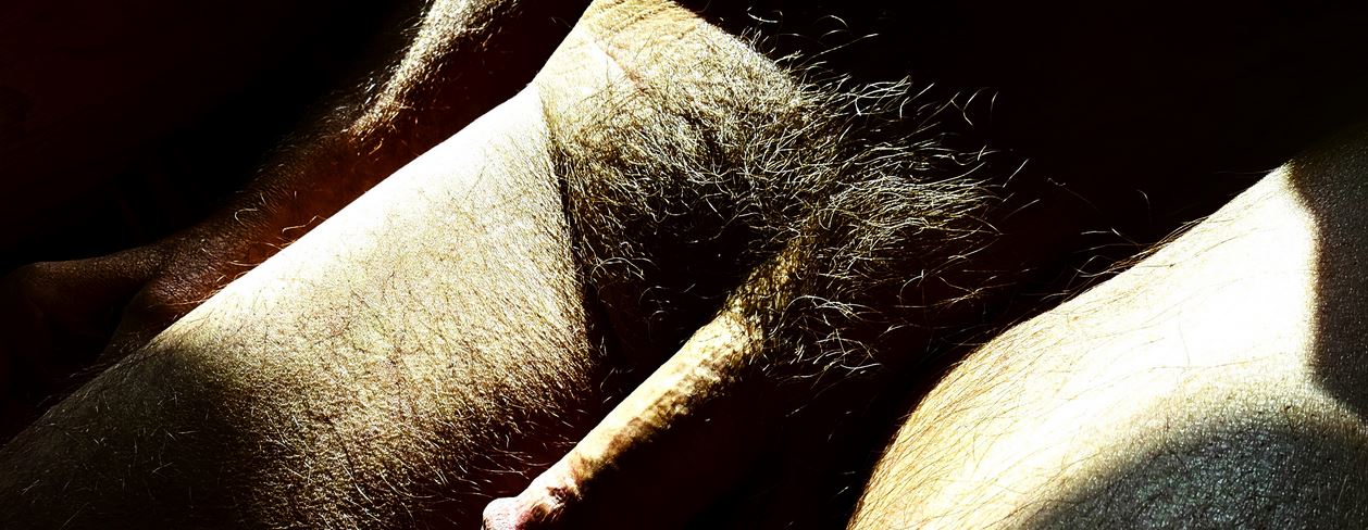 Cropped image of white sunlight falling across man's penis and pubic hair for weekly round-up 698